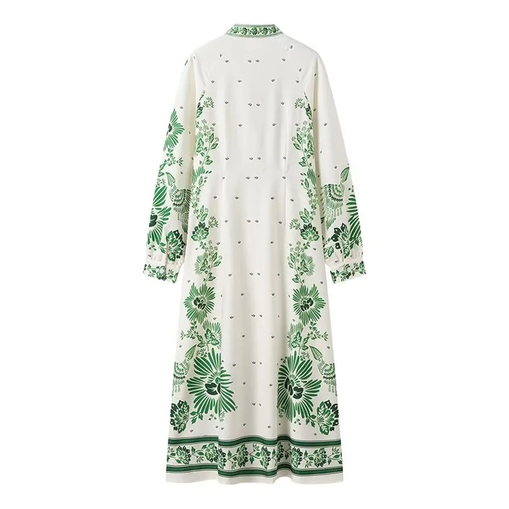 Dalia Long Lantern Sleeve Green Print Dress