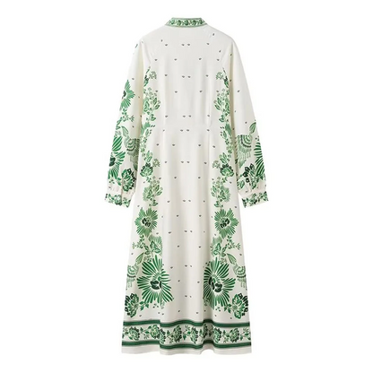 Dalia Long Lantern Sleeve Green Print Dress