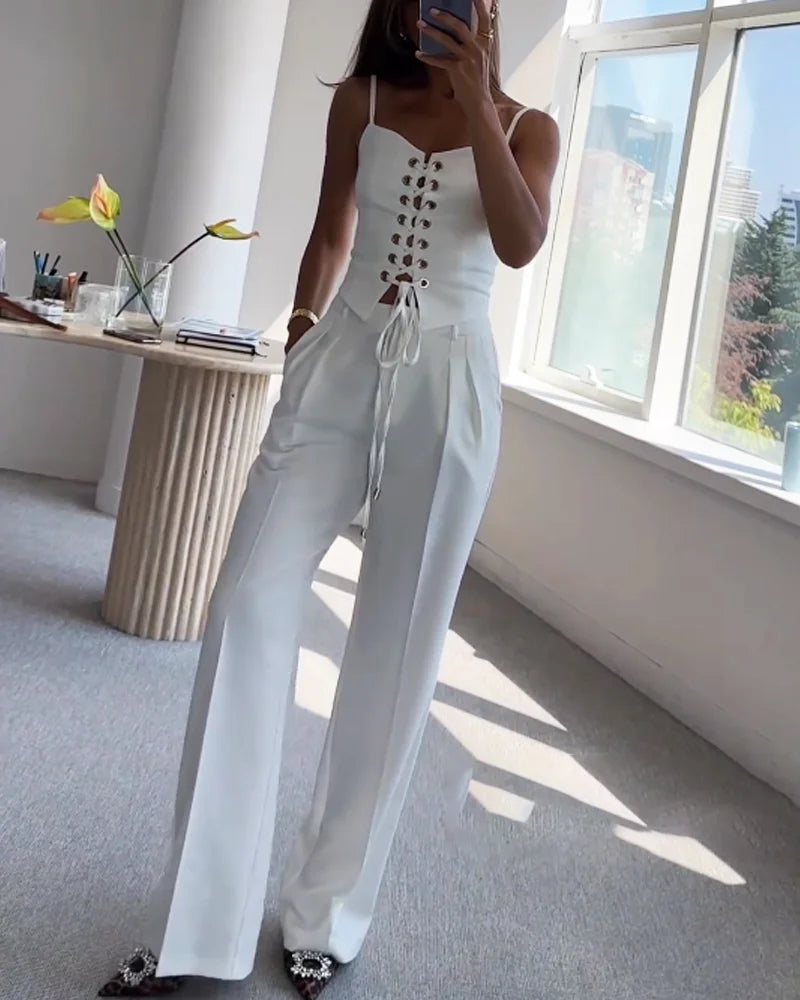 Sommer Hollow Lace Top & Pants Two-Piece Set