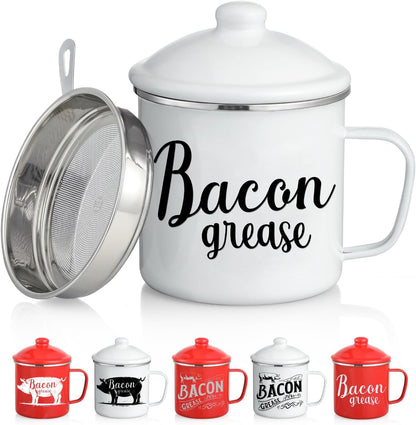 46OZ LARGE Bacon Grease Saver with Fine Mesh Strainer & Handle - Enamel Oil Keeper Container, Bacon Fat Dripping Can - Farmhouse Kitchen Gift & Decor Cooking Accessories - Red, Style 2