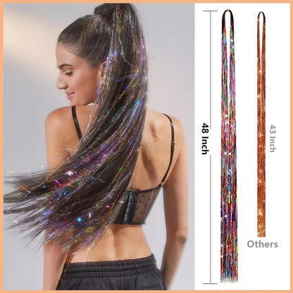 Hair Tinsel Kit (48 Inch,12 Colors, 3600 Strands), Fairy Tinsel Hair Extensions with Tools - Glitter Hair Tinsel Kit Heat Resistant Accessories for Girls Women Kids Christmas New Year