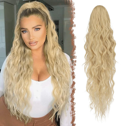 Long Ponytail Extensions, Drawstring Clip in Curly Wavy Hairpieces Synthetic Ponytails Hair Piece Pony Tail Extension for Women, Platinum Blonde 26 Inch