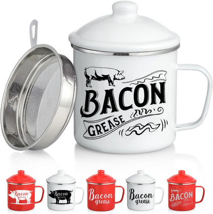 46OZ LARGE Bacon Grease Saver with Fine Mesh Strainer & Handle - Enamel Oil Keeper Container, Bacon Fat Dripping Can - Farmhouse Kitchen Gift & Decor Cooking Accessories - Red, Style 2