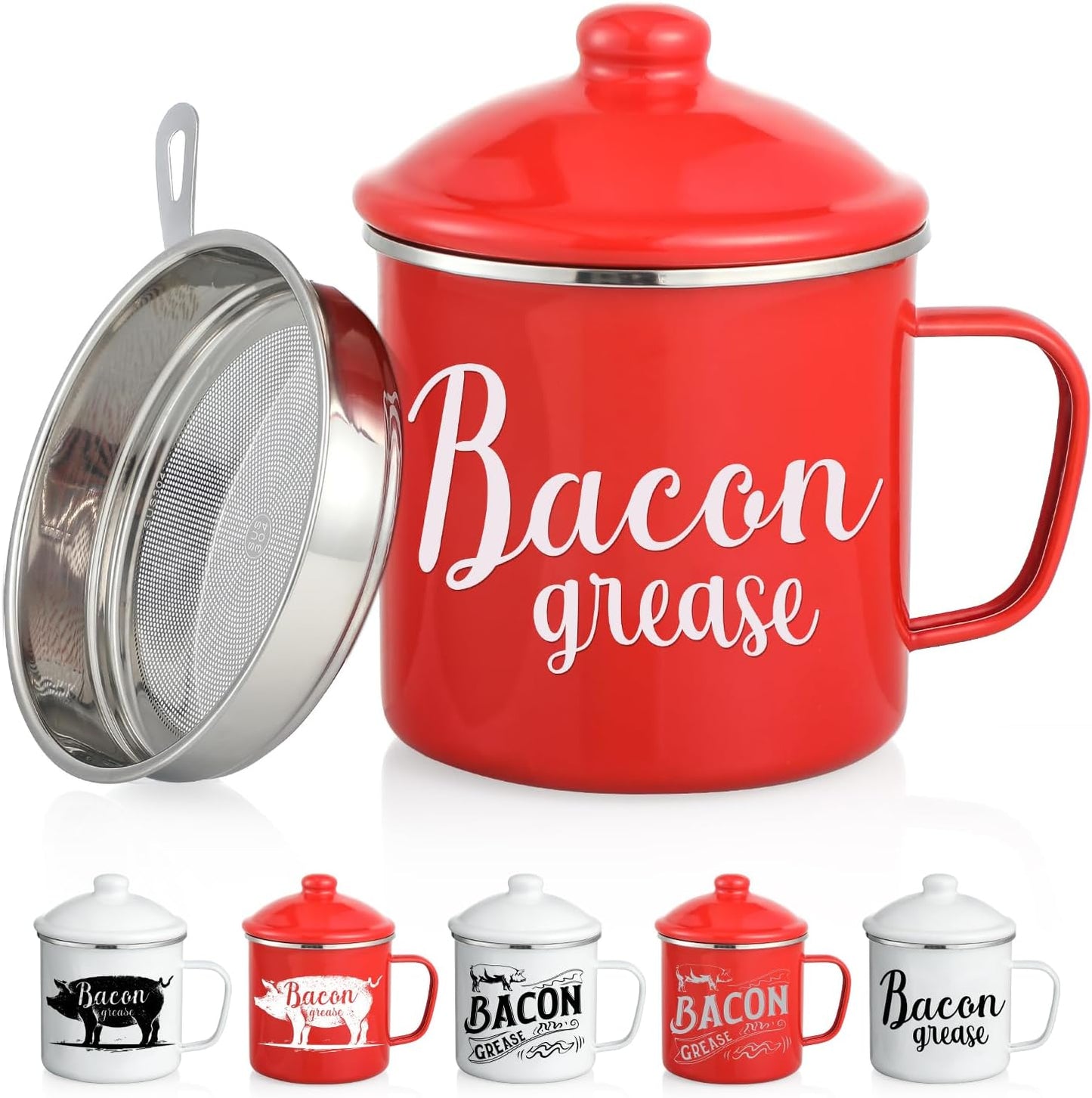 46OZ LARGE Bacon Grease Saver with Fine Mesh Strainer & Handle - Enamel Oil Keeper Container, Bacon Fat Dripping Can - Farmhouse Kitchen Gift & Decor Cooking Accessories - Red, Style 2