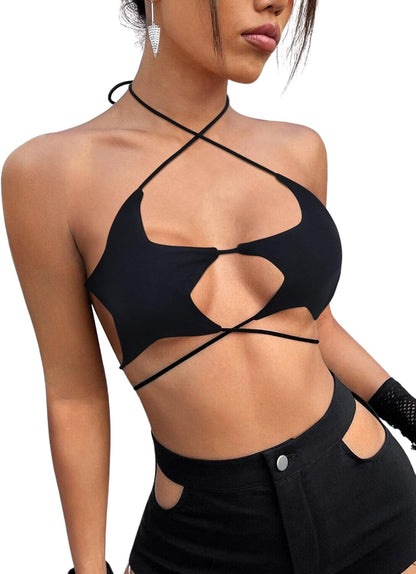 Rave Star Top for Women - EDC Festival Sexy Halter Party Dance Bra Backless Strappy Crisscross Wrap Tie Outfits