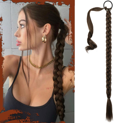 Long Braid Ponytail Extension with Hair Tie Straight Sleek Wrap around Hair Extensions Braid Pony Tail Fluffy Natural Soft Synthetic Hairpieces for Women Daily Wear, 30 Inch-Ash Blonde