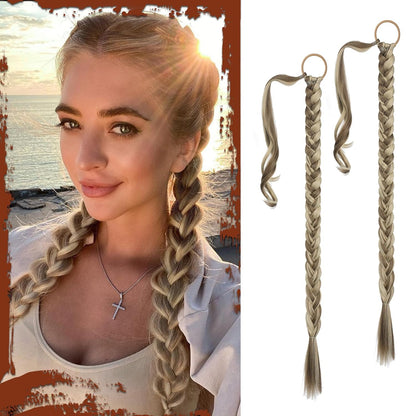 Long Braid Ponytail Extension with Hair Tie Straight Sleek Wrap around Hair Extensions Braid Pony Tail Fluffy Natural Soft Synthetic Hairpieces for Women Daily Wear, 30 Inch-Ash Blonde