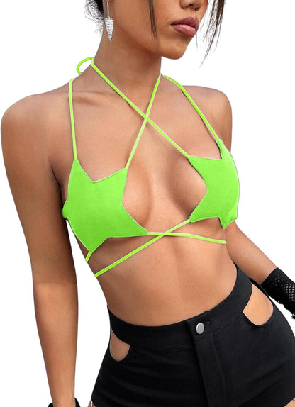 Rave Star Top for Women - EDC Festival Sexy Halter Party Dance Bra Backless Strappy Crisscross Wrap Tie Outfits