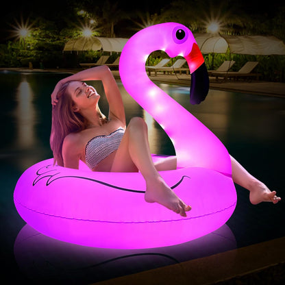 Inflatable Flamingo Pool Floats with Lights,Solar Powered Flamingo Swimming Pool Tubes,42 Inches Summer Lake Beach Floaties Swimming Pool Rings for Adults Water Entertainment