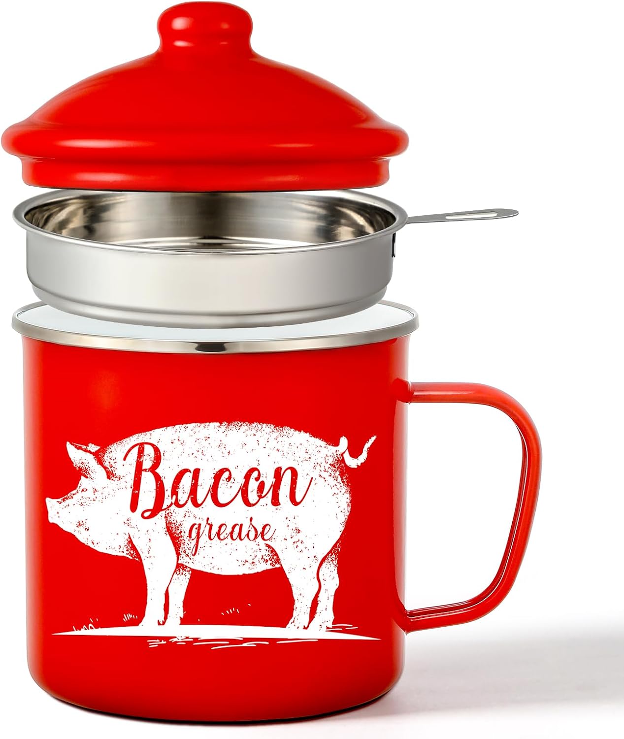 46OZ LARGE Bacon Grease Saver with Fine Mesh Strainer & Handle - Enamel Oil Keeper Container, Bacon Fat Dripping Can - Farmhouse Kitchen Gift & Decor Cooking Accessories - Red, Style 2