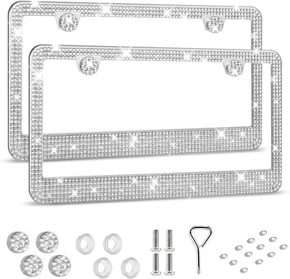 License Plate Frame - Lastingly Bling and Sparkly License Plate Frame for Women, Stainless Steel & Obstruction-Free Frame with Multifaceted Rhinestones, White