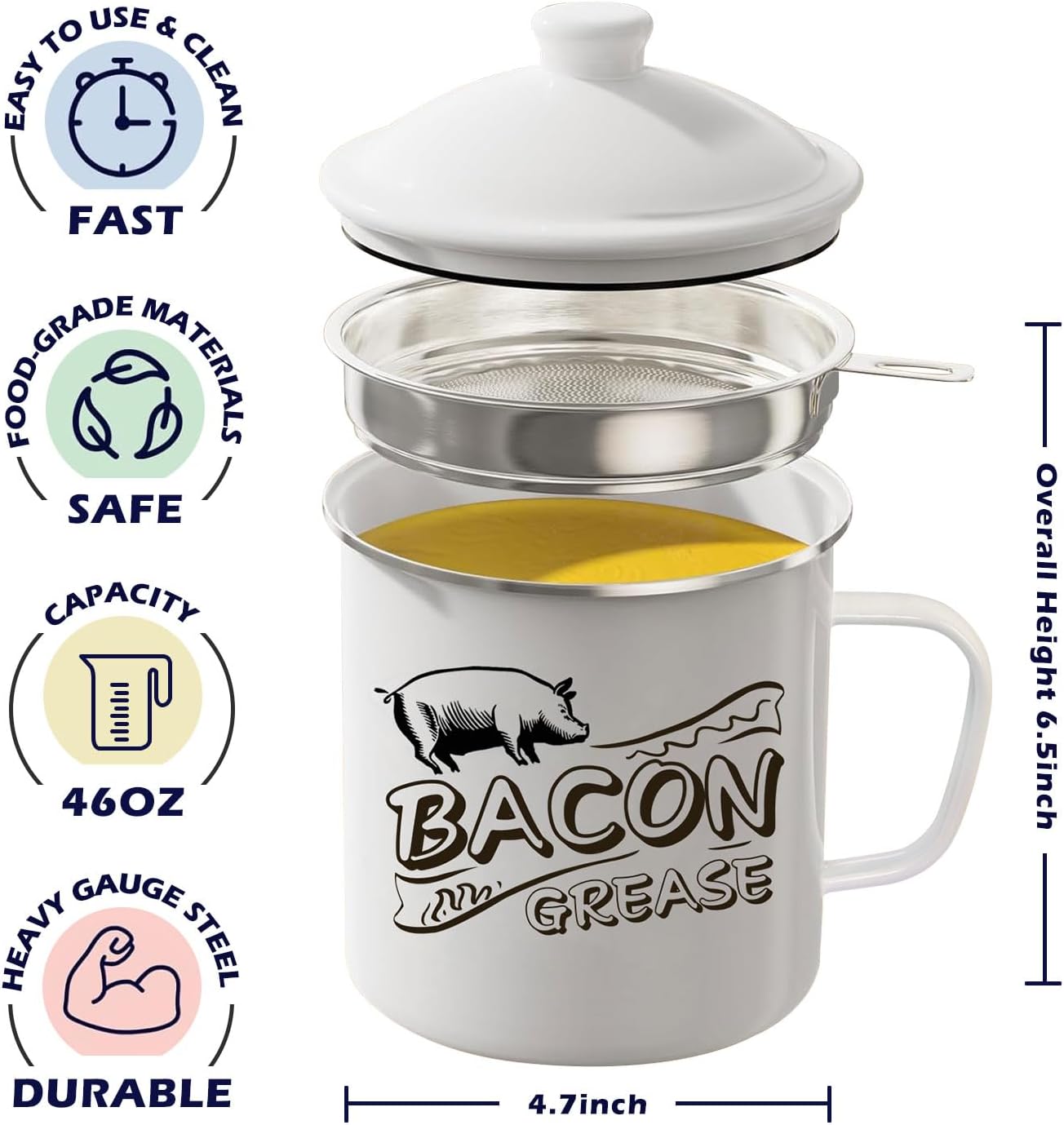 Bacon Grease Saver with Strainer - 46OZ Large Capacity,Grease Container for Kitchen, Bacon Grease Container, Cooking Grease Container,Bacon Grease Container with Strainer