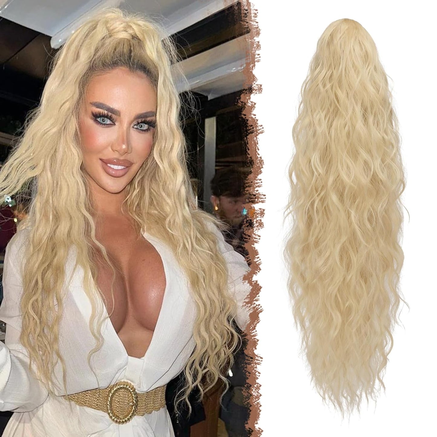 Long Ponytail Extensions, Drawstring Clip in Curly Wavy Hairpieces Synthetic Ponytails Hair Piece Pony Tail Extension for Women, Platinum Blonde 26 Inch