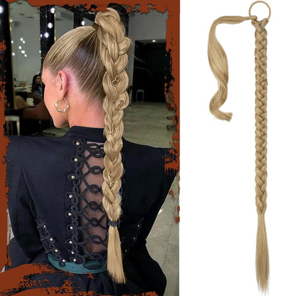 Long Braid Ponytail Extension with Hair Tie Straight Sleek Wrap around Hair Extensions Braid Pony Tail Fluffy Natural Soft Synthetic Hairpieces for Women Daily Wear, 30 Inch-Ash Blonde