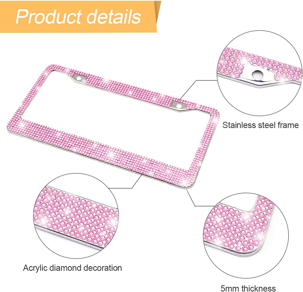 Bling Car License Plate Frame, Handcrafted Crystal Stainless Steel, Sparkly, Durable, Universal Fit, Car Accessories for Girls, Women (Pink)