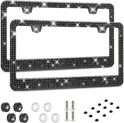 License Plate Frame - Lastingly Bling and Sparkly License Plate Frame for Women, Stainless Steel & Obstruction-Free Frame with Multifaceted Rhinestones,Black, 2 Pack