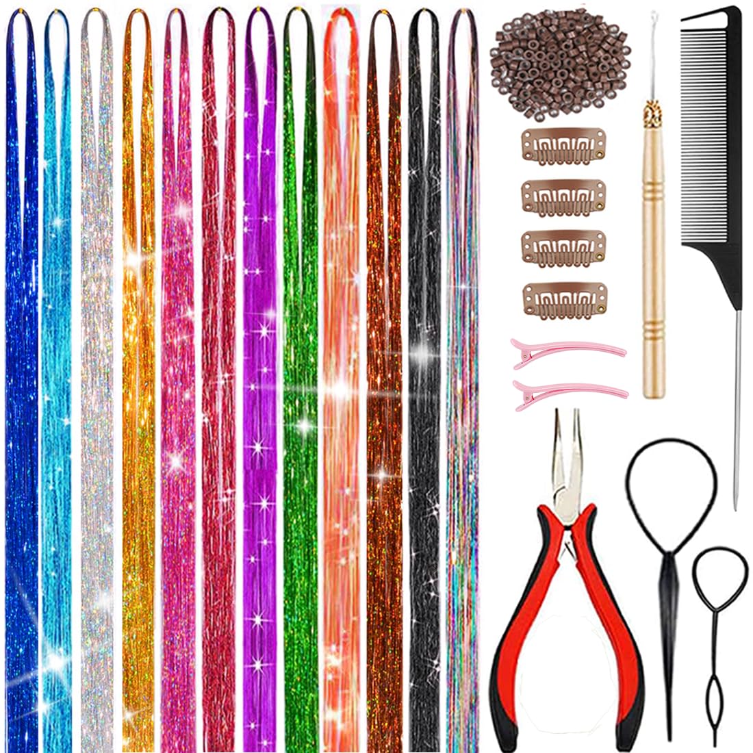 Hair Tinsel Kit (48 Inch,12 Colors, 3600 Strands)