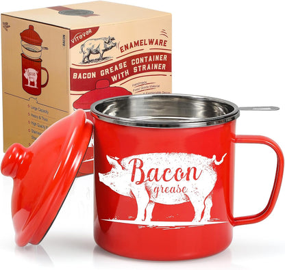 46OZ LARGE Bacon Grease Saver with Fine Mesh Strainer & Handle - Enamel Oil Keeper Container, Bacon Fat Dripping Can - Farmhouse Kitchen Gift & Decor Cooking Accessories - Red, Style 2