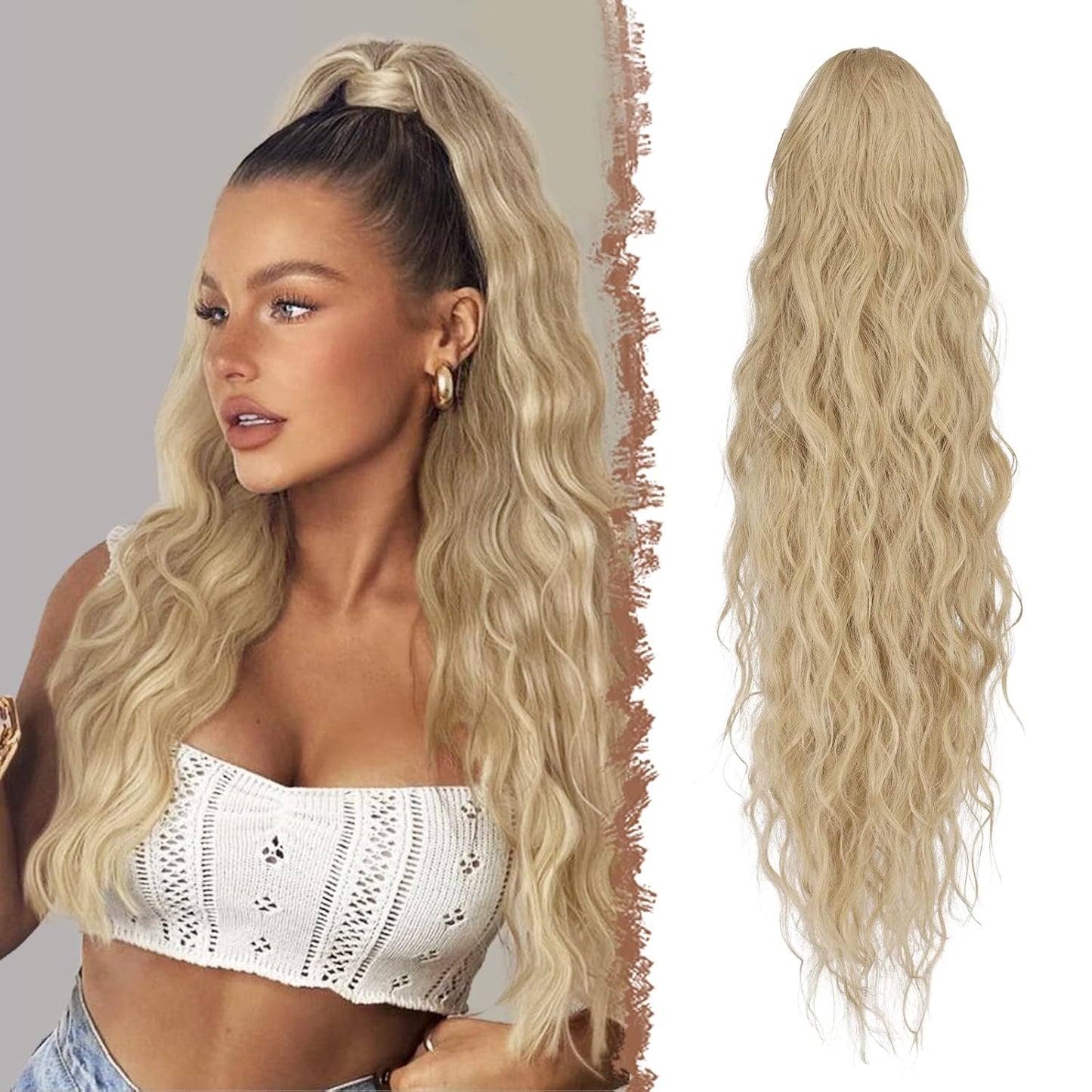 Long Ponytail Extensions, Drawstring Clip in Curly Wavy Hairpieces Synthetic Ponytails Hair Piece Pony Tail Extension for Women, Platinum Blonde 26 Inch