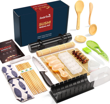 Sushi Making Kit, 22 in 1 Perfect DIY Sushi Making Set with Sushi Knife, 2 Sushi Mats, Rice Bazooka, Dipping Plate, Avocado Slicer,Chopsticks & More