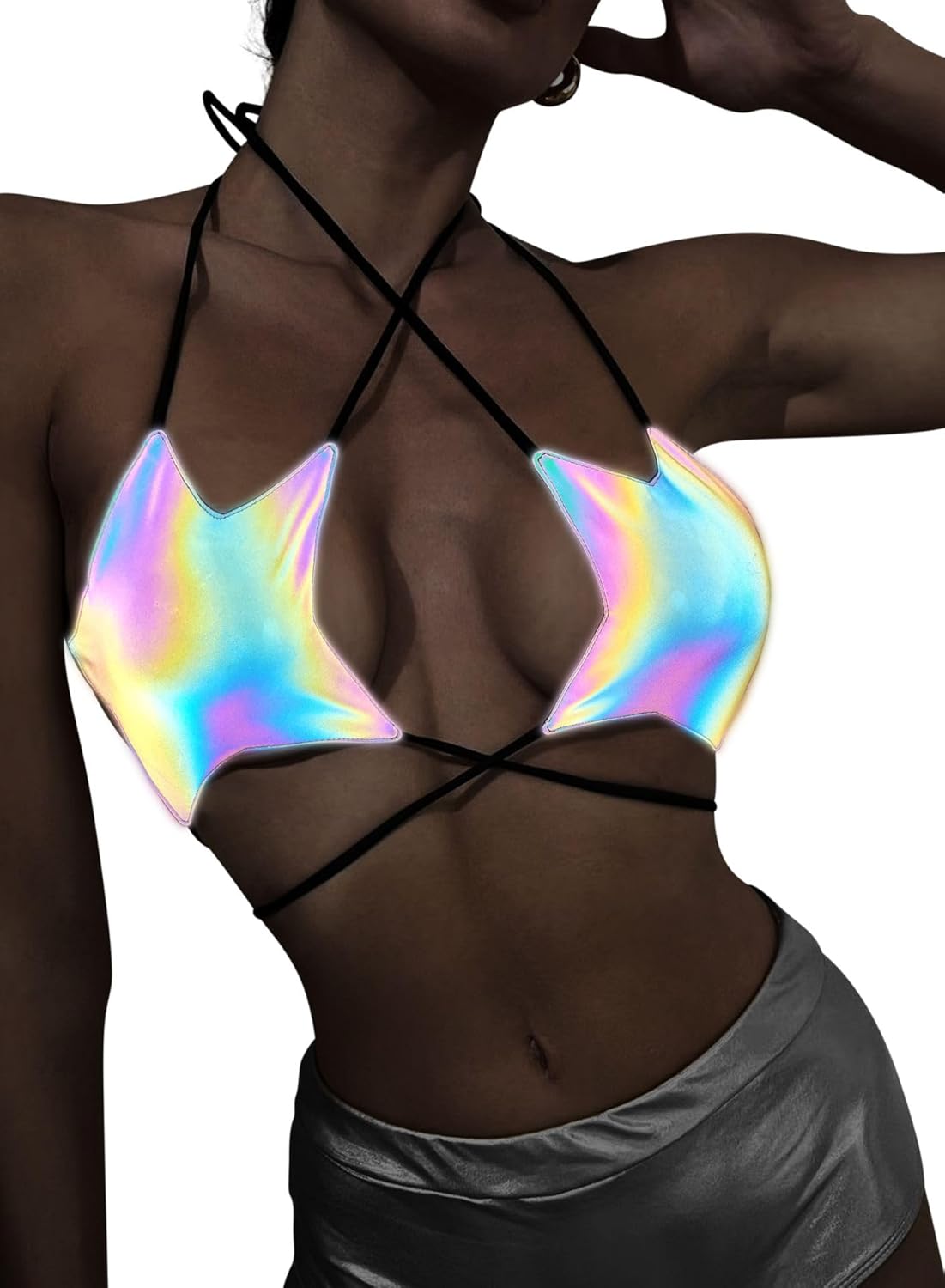 Rave Star Top for Women - EDC Festival Sexy Halter Party Dance Bra Backless Strappy Crisscross Wrap Tie Outfits