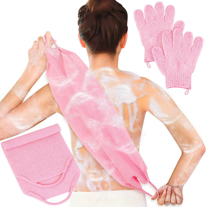 Exfoliating Back Scrubber Bath Gloves Set, Exfoliating Shower Towel with Shower Gloves for Body Scrub, Back Cleaner Wash Gloves to Remove Dead Skin (Purple)