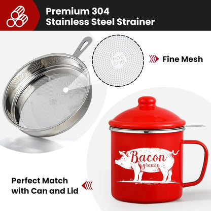 46OZ LARGE Bacon Grease Saver with Fine Mesh Strainer & Handle - Enamel Oil Keeper Container, Bacon Fat Dripping Can - Farmhouse Kitchen Gift & Decor Cooking Accessories - Red, Style 2