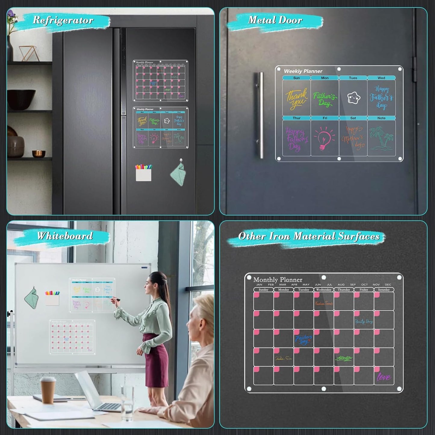 Magnetic Calendar for Refrigerator, 2 Set Fridge Calendar with Magnet, 16"X12" Acrylic Monthly & Weekly Calendar, Reusable Family Monthly Planner for Fridge