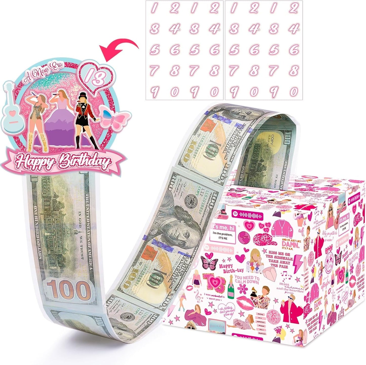 Birthday Money Gift Box with DIY Stickers for Any Ages, Surprise Money Holder for Cash Gift with Pull Out Happy Birthday Card and 100Pcs Bags - a Fun Way to Gift Cash for Birthdays