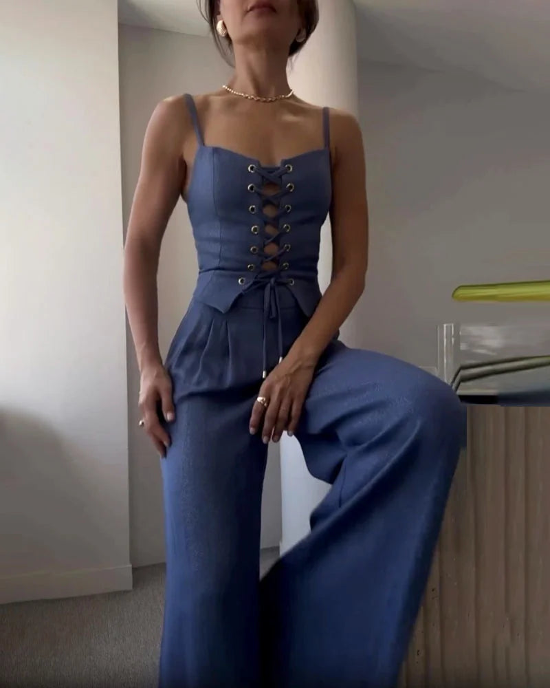 Sommer Hollow Lace Top & Pants Two-Piece Set