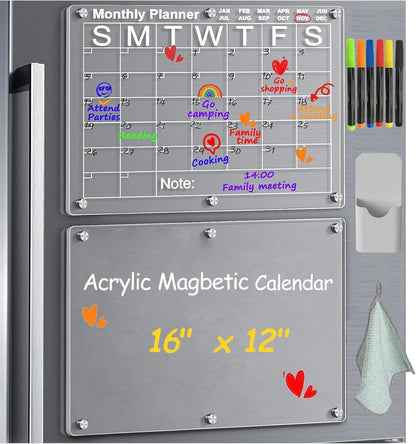 Acrylic Calendar for Fridge, 2 Pcs Magnetic White Board Calendar Dry Erase, Reusable Planning Board Set 16 * 12", Clear Monthly and Blank Board Calendar for Refrigerator, 6 Markers