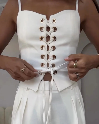 Sommer Hollow Lace Top & Pants Two-Piece Set