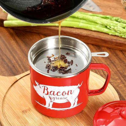 46OZ LARGE Bacon Grease Saver with Fine Mesh Strainer & Handle - Enamel Oil Keeper Container, Bacon Fat Dripping Can - Farmhouse Kitchen Gift & Decor Cooking Accessories - Red, Style 2