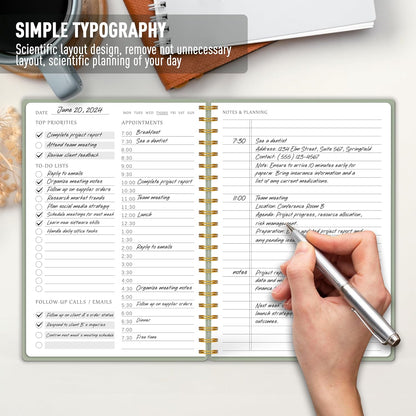 Daily Planner Undated - Simplified to Do List Notebook with Hourly Schedules, Spiral Appointment Organizer, 5.5" X 8.5", Easily Manage Your Tasks and Productivity - Green