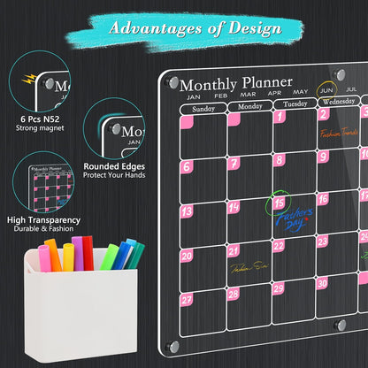 Magnetic Calendar for Refrigerator, 2 Set Fridge Calendar with Magnet, 16"X12" Acrylic Monthly & Weekly Calendar, Reusable Family Monthly Planner for Fridge