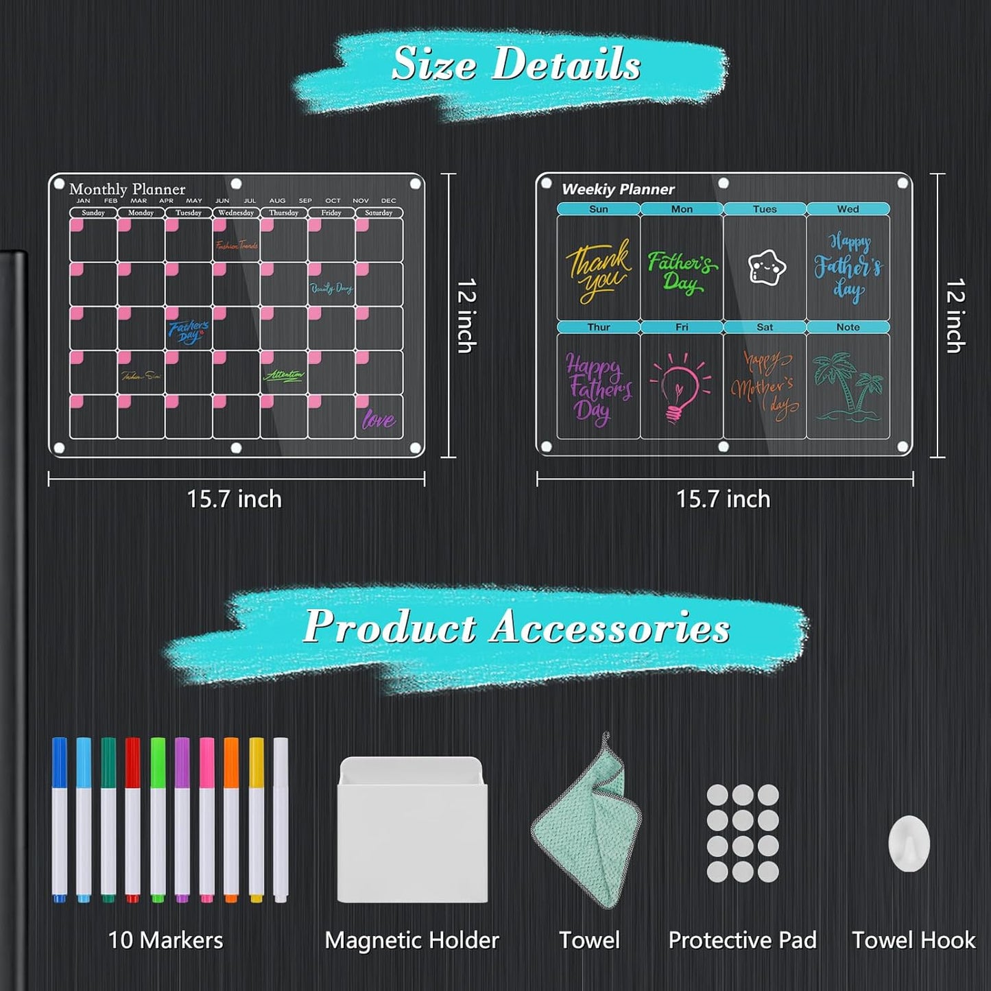 Magnetic Calendar for Refrigerator, 2 Set Fridge Calendar with Magnet, 16"X12" Acrylic Monthly & Weekly Calendar, Reusable Family Monthly Planner for Fridge