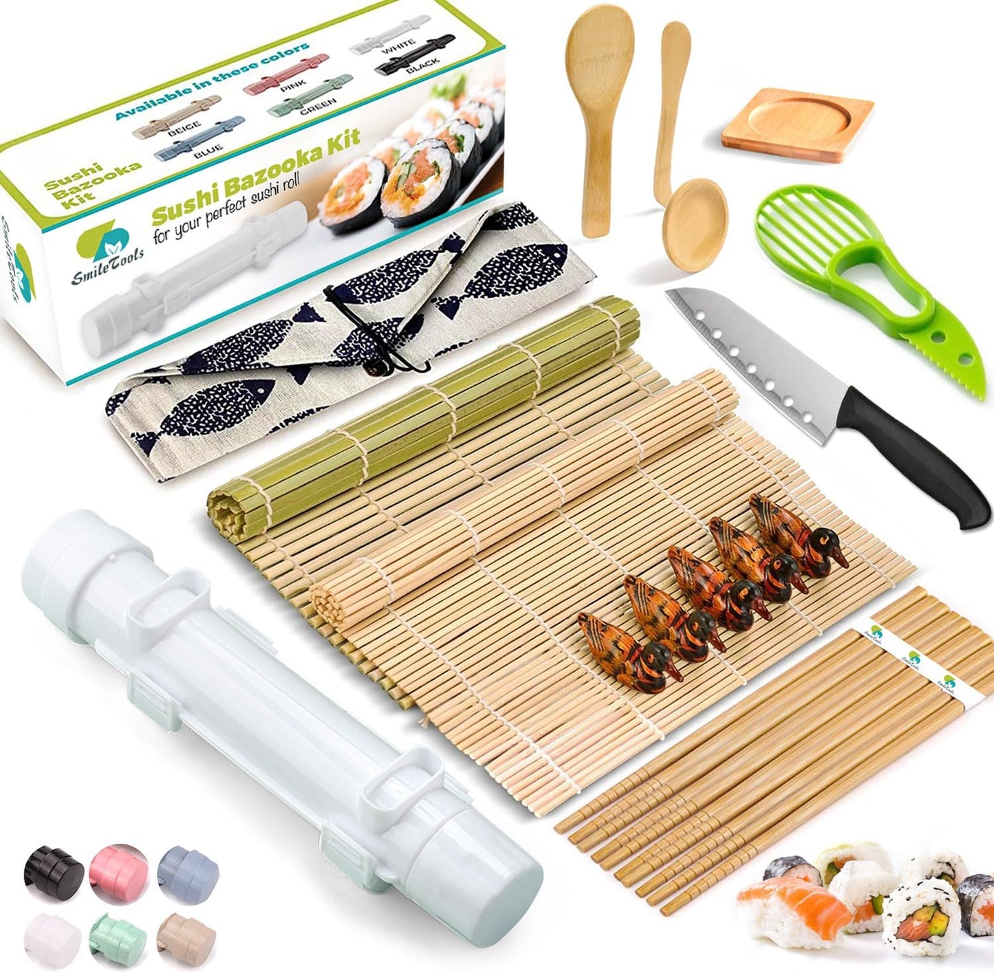 Sushi Making Kit, 22 in 1 Sushi Roller Maker Bazooker Kit with Bamboo Mats, Chef'S Knife, Chopsticks, Sauce Dishes, Rice Spreader, Avocado Slicer for Beginners, Family, Friends, Home