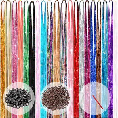 Hair Tinsel Kit (48 Inch,12 Colors, 3600 Strands), Fairy Tinsel Hair Extensions with Tools - Glitter Hair Tinsel Kit Heat Resistant Accessories for Girls Women Kids Christmas New Year