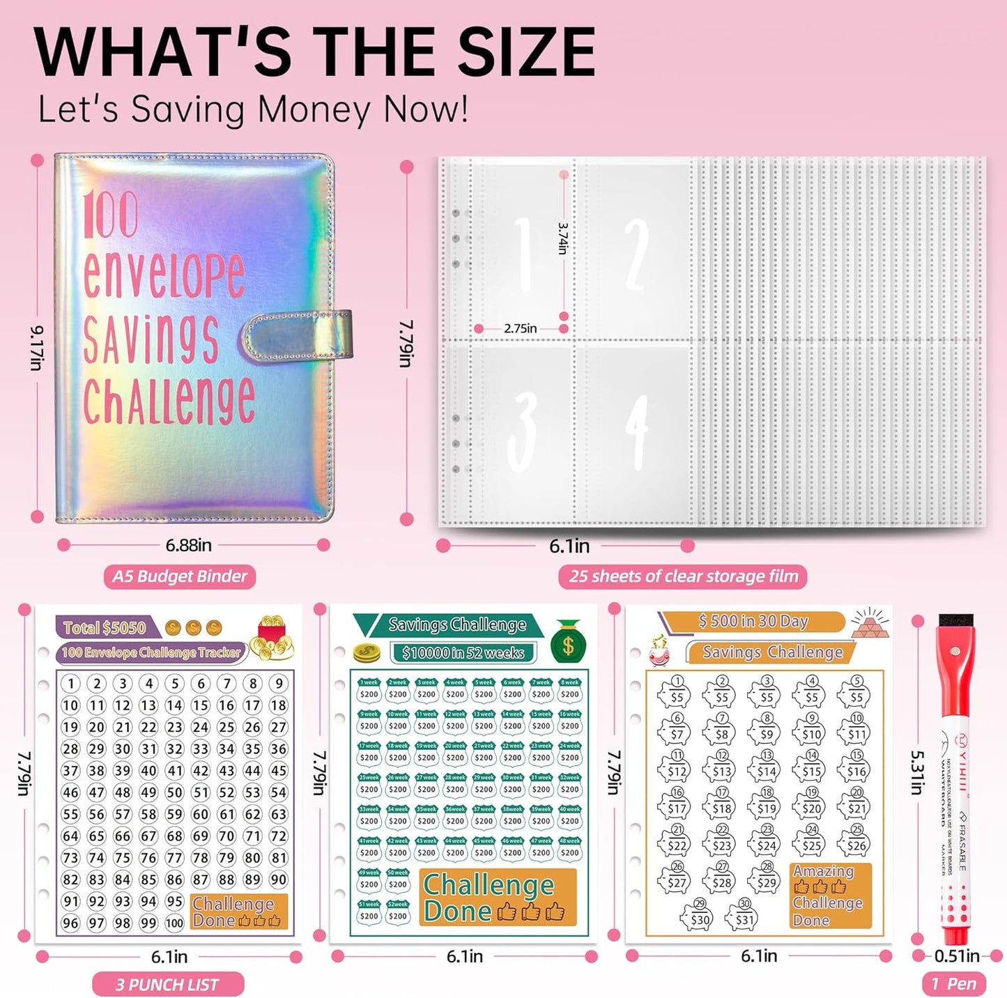 Join the 52-Week 100 Envelope Savings Challenge | Fun Path to save $5,050 in One Year with Our Budget Binder | Money Organizer for Cash Made Easy with Our Colorful Binders (Colorful Silver)