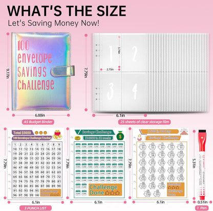 Join the 52-Week 100 Envelope Savings Challenge | Fun Path to save $5,050 in One Year with Our Budget Binder | Money Organizer for Cash Made Easy with Our Colorful Binders (Colorful Silver)