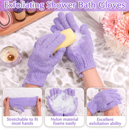 Exfoliating Back Scrubber Bath Gloves Set, Exfoliating Shower Towel with Shower Gloves for Body Scrub, Back Cleaner Wash Gloves to Remove Dead Skin (Purple)