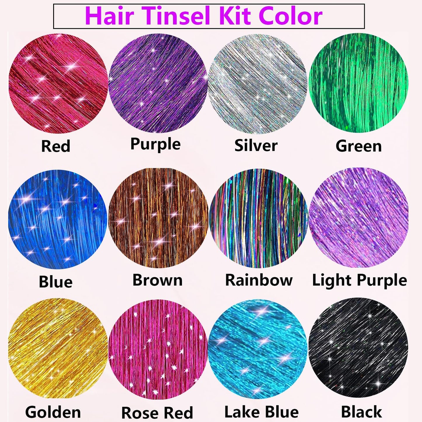 Hair Tinsel Kit (48 Inch,12 Colors, 3600 Strands), Fairy Tinsel Hair Extensions with Tools - Glitter Hair Tinsel Kit Heat Resistant Accessories for Girls Women Kids Christmas New Year