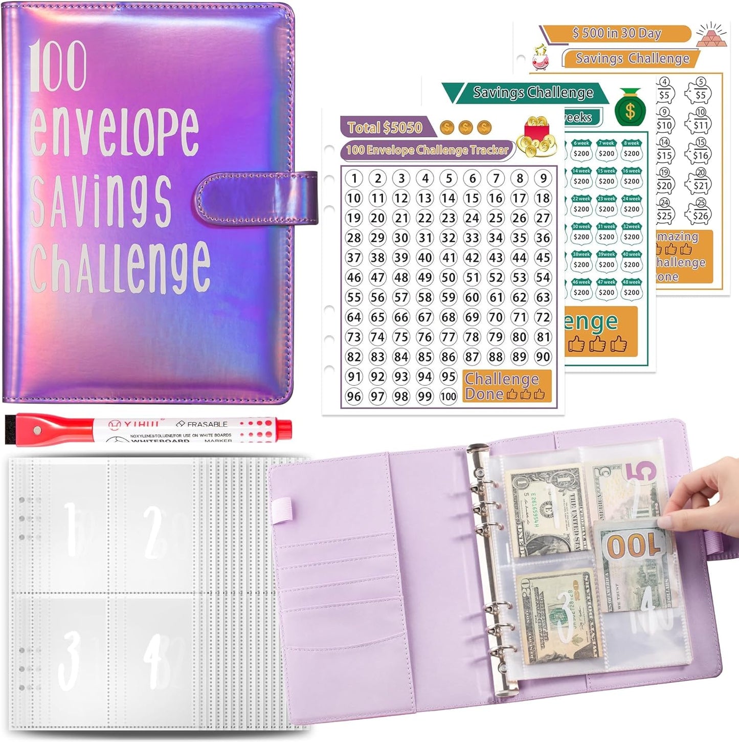 Join the 52-Week 100 Envelope Savings Challenge | Fun Path to save $5,050 in One Year with Our Budget Binder | Money Organizer for Cash Made Easy with Our Colorful Binders (Colorful Silver)