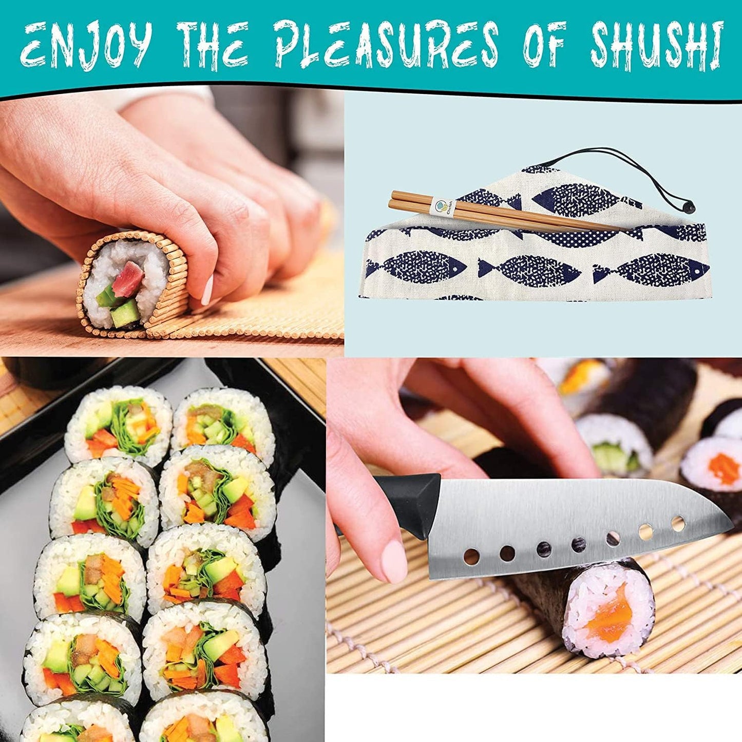 Sushi Making Kit, 22 in 1 Perfect DIY Sushi Making Set with Sushi Knife, 2 Sushi Mats, Rice Bazooka, Dipping Plate, Avocado Slicer,Chopsticks & More