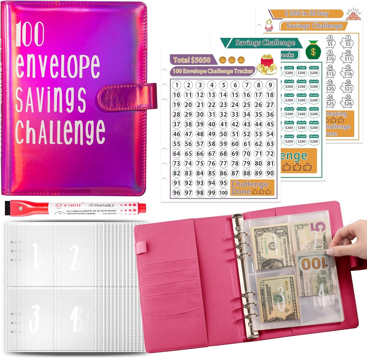 Join the 52-Week 100 Envelope Savings Challenge | Fun Path to save $5,050 in One Year with Our Budget Binder | Money Organizer for Cash Made Easy with Our Colorful Binders (Colorful Silver)