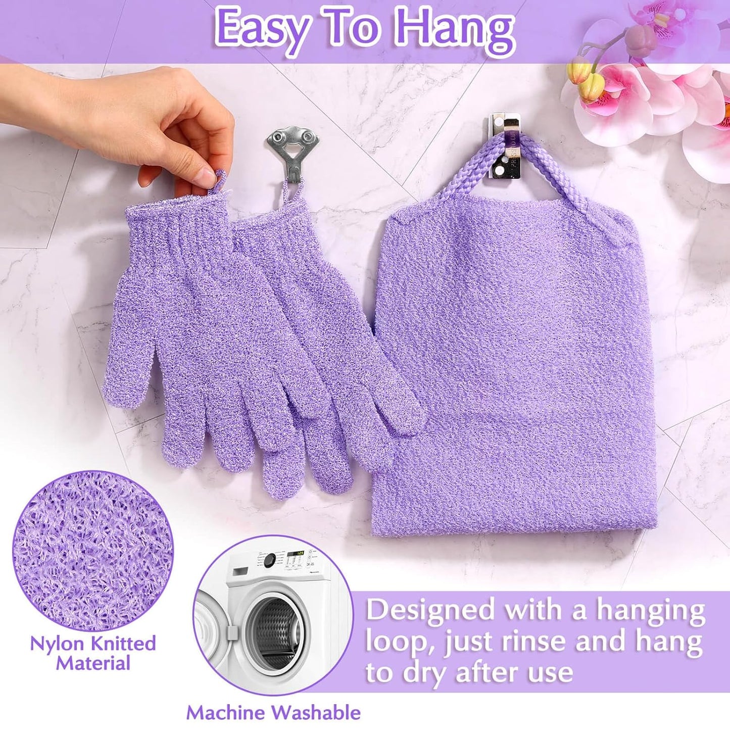 Exfoliating Back Scrubber Bath Gloves Set, Exfoliating Shower Towel with Shower Gloves for Body Scrub, Back Cleaner Wash Gloves to Remove Dead Skin (Purple)