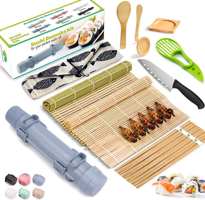 Sushi Making Kit, 22 in 1 Perfect DIY Sushi Making Set with Sushi Knife, 2 Sushi Mats, Rice Bazooka, Dipping Plate, Avocado Slicer,Chopsticks & More