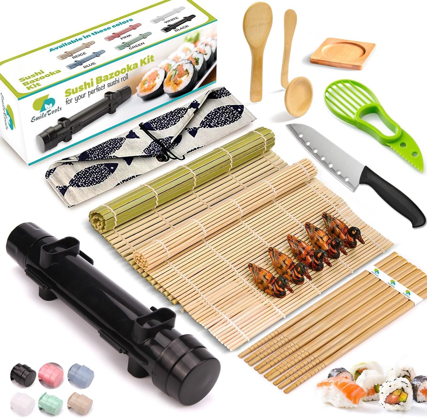 Sushi Making Kit, 22 in 1 Sushi Roller Maker Bazooker Kit with Bamboo Mats, Chef'S Knife, Chopsticks, Sauce Dishes, Rice Spreader, Avocado Slicer for Beginners, Family, Friends, Home