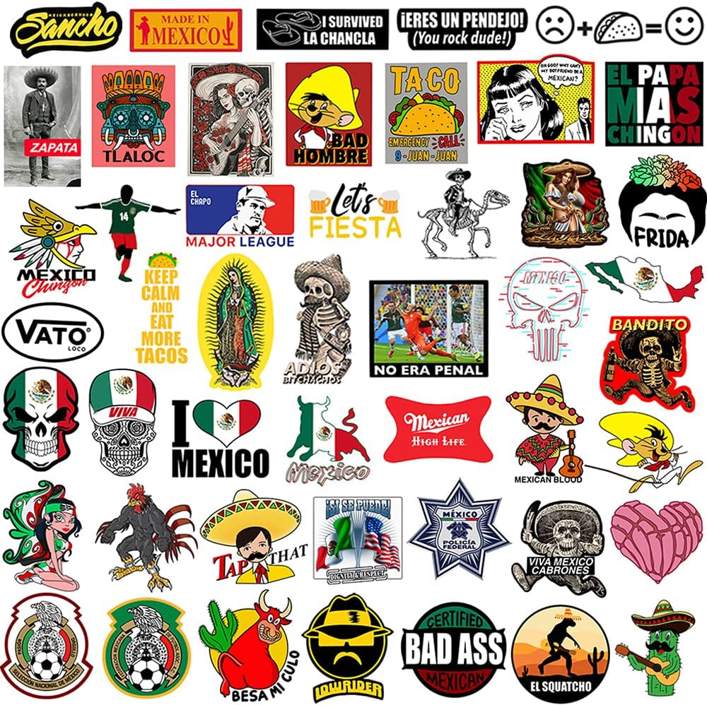 50Pcs Mexican Stickers, Funny Vinyl Mexico Tool Box Stickers, Design for Hardhat Helmet Hood Laptop Water Bottle, Mexico Pride Patriotic Decals for Men Adults Ironworkers Lineman Oilfield Electrician