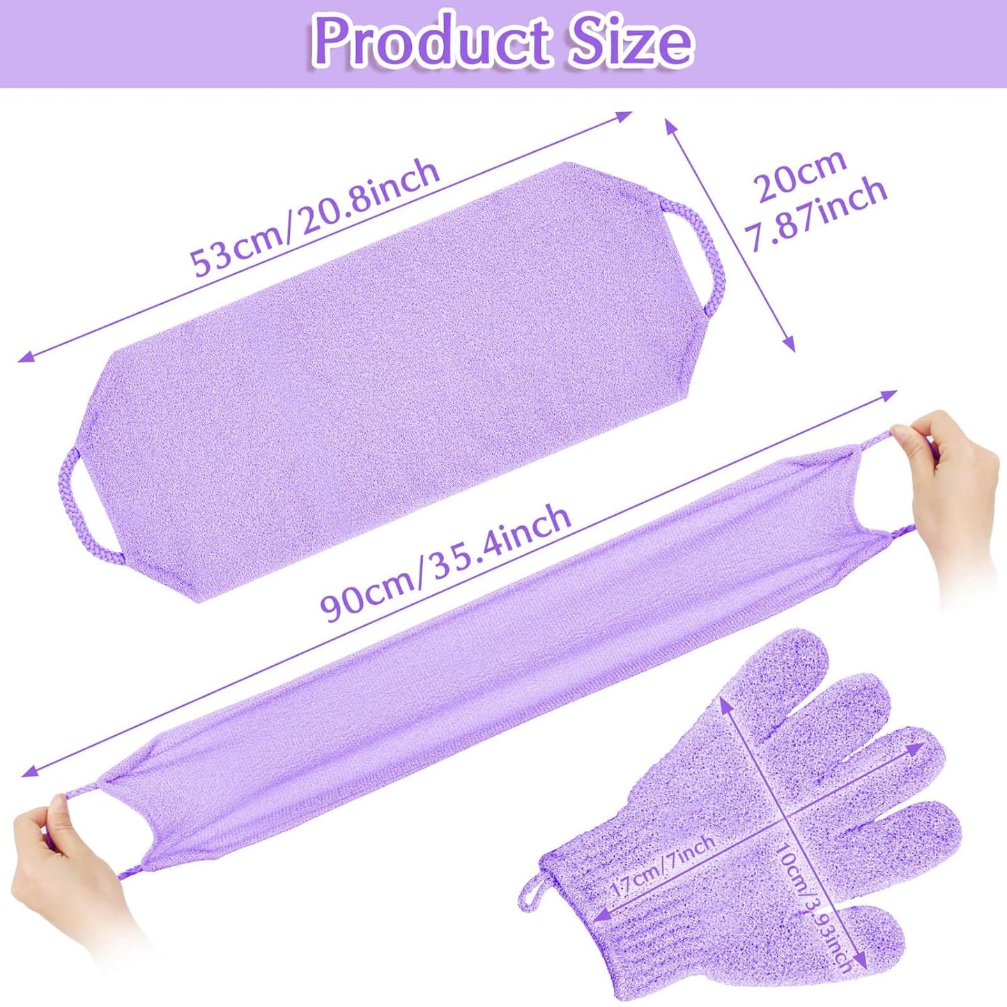 Exfoliating Back Scrubber Bath Gloves Set, Exfoliating Shower Towel with Shower Gloves for Body Scrub, Back Cleaner Wash Gloves to Remove Dead Skin (Purple)